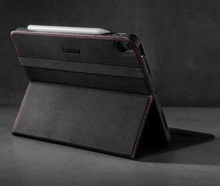 Integrated stand function of the Black Leather (with Red Stitching) Case for iPad Air