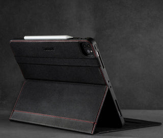 Integrated stand function of the Black Leather (with Red Stitching) Case for iPad Pro 12.9-inch
