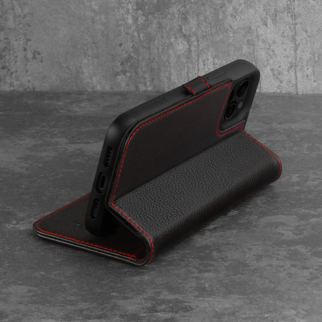 Stand function of the Black Leather (with Red Stitching) Stand Case for iPhone 12 Pro Max