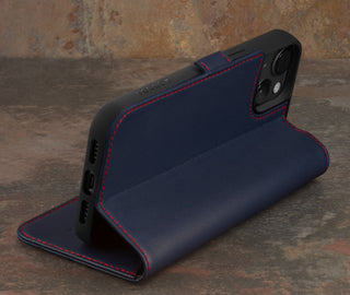 Integrated stand function of the Navy Blue Leather Wallet Case for iPhone 15 Plus