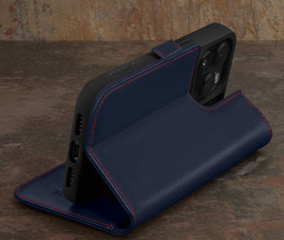 Integrated stand function of the Navy Blue Leather Wallet Case for iPhone 15 Pro Max