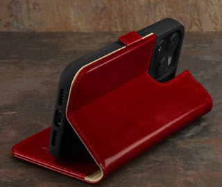 Integrated stand function of the Red Leather Wallet Case for iPhone 15 Pro Max