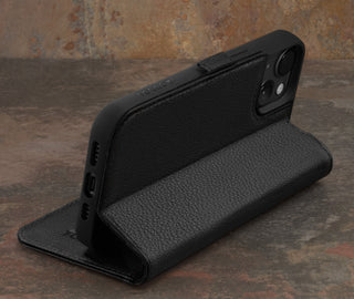 Integrated stand function of the Black Leather Wallet Case for iPhone 15