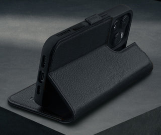 Stand function of the Black Leather Case for iPhone 16 Pro