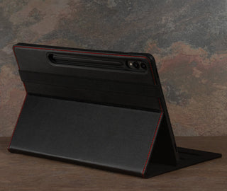 Integrated stand function of the Black with Red Detail Leather Case for Samsung Galaxy Tab S9+