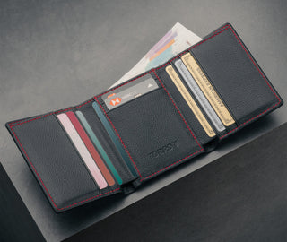 Card slots inside the Black with Red Stitching Trifold Leather Wallet