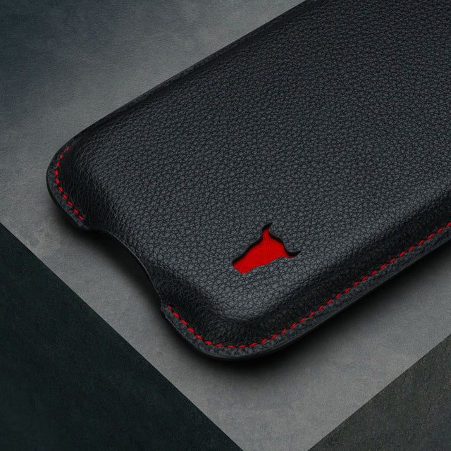 Black (with Red Stitching) Leather Pouch Case for iPhone Pro Models