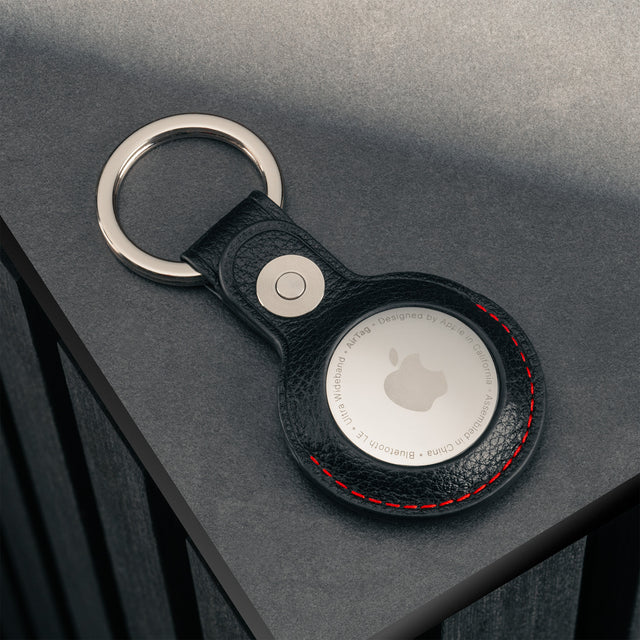 Black with Red Detail Leather Apple AirTag Holder Keyring