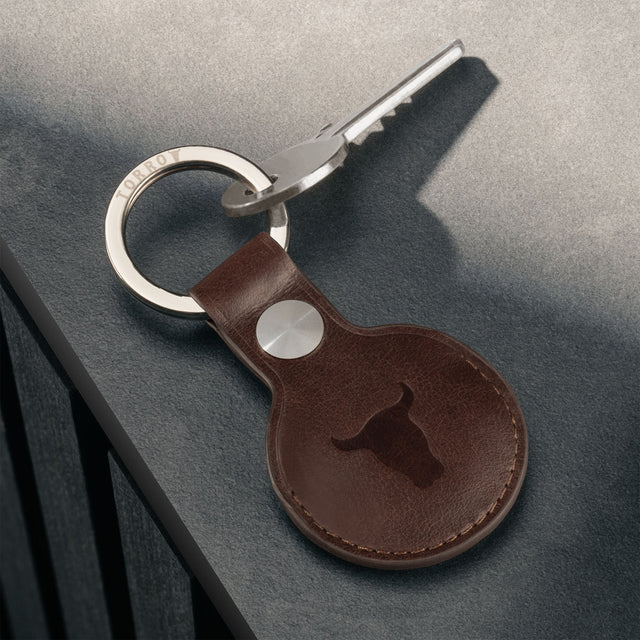 Dark Brown Leather Apple AirTag Holder Keyring attached to key