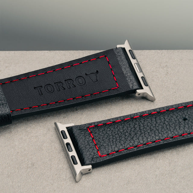 Black with Red stitching Leather Apple Watch Straps