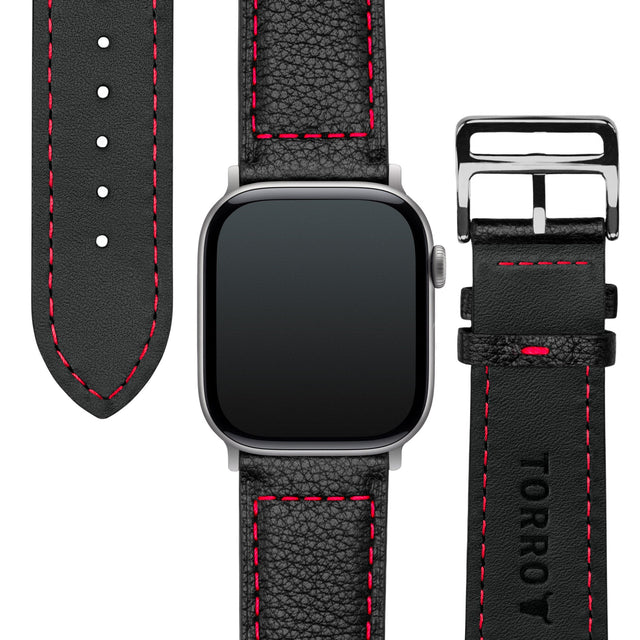 Black with Red stitching Leather Apple Watch Strap
