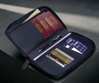 Navy Blue Family Travel Wallet with 4 passports, cards and travel documents