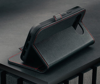 Stand function of the Black with Red Detail Leather Case for Google Pixel 10a