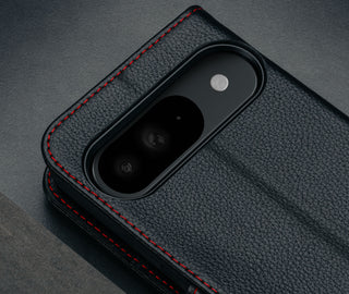 Camera cutout on the Black with Red Detail Leather Wallet Case for Google Pixel 9