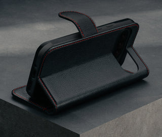 Stand function of the Black with Red Detail Leather Wallet Case for Google Pixel 9 Pro XL