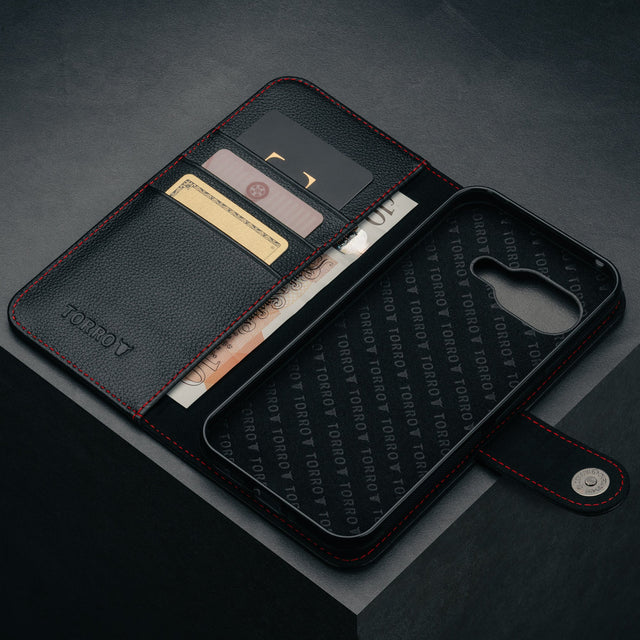 Card slots and microfibre lined frame of the Black with Red Detail Leather Wallet Case for Google Pixel 9