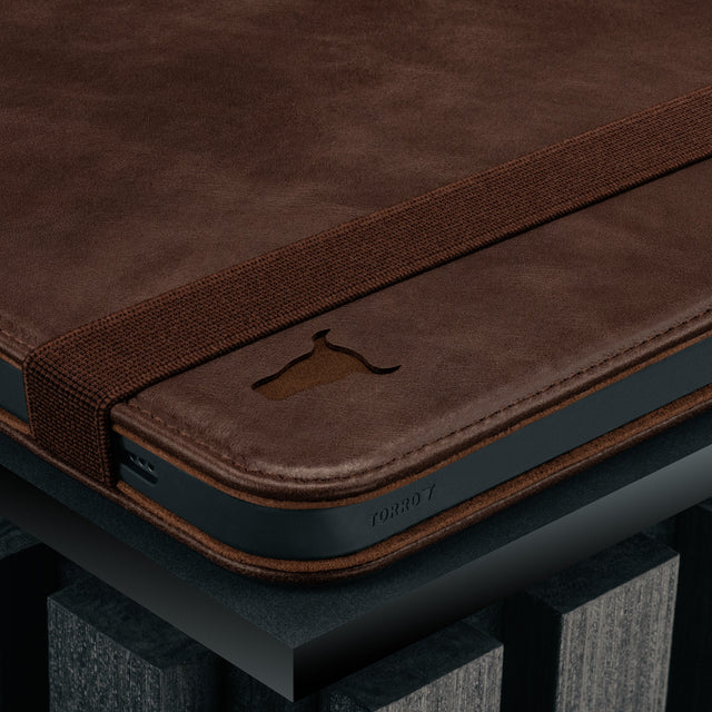 Close up of the Dark Brown Leather Case for Apple iPad (10th Generation)