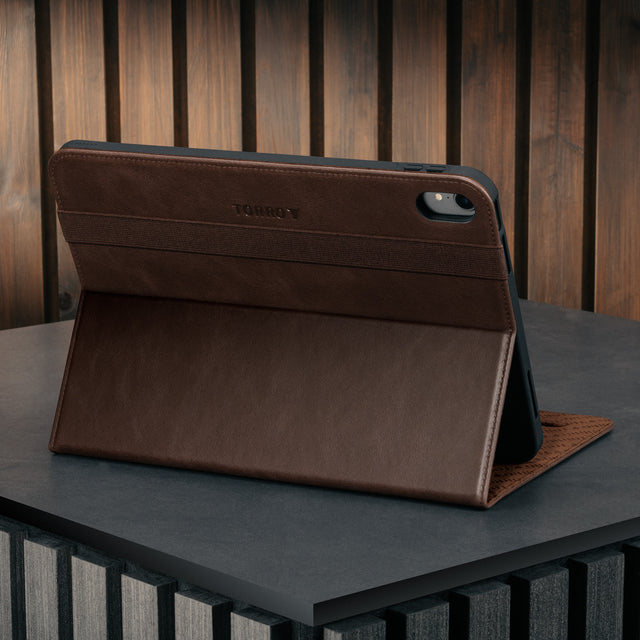 Integrated stand function of the Dark Brown Leather Case for Apple iPad (10th Generation)