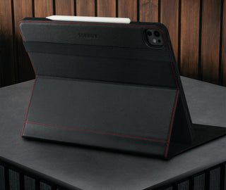 Built=in viewing stand of the Black with Red Detail Leather Case for Apple iPad Pro 12.9" (2024)