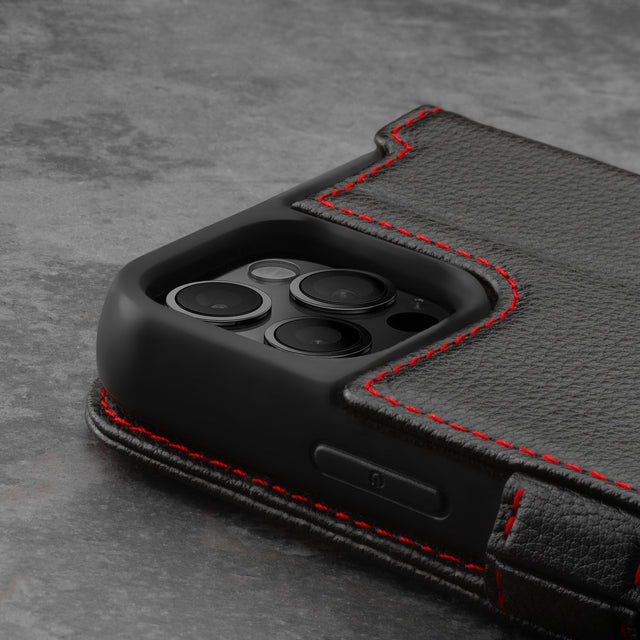 Camera cutout on the Black Leather (with Red Stitching) Stand Case for iPhone 12 Pro Max