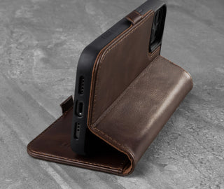 Integrated stand function of the Dark Brown Leather Folio Case for iPhone 13