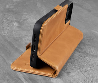 Integrated stand function of the Tan Leather Folio Case for iPhone 13