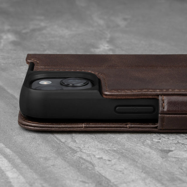 Raised camera lip of the Dark Brown Leather Stand Case for iPhone 13 Mini