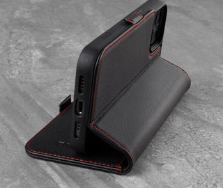 Integrated stand function of the Black Leather (with Red Stitching) Phone Case for iPhone 13 Pro