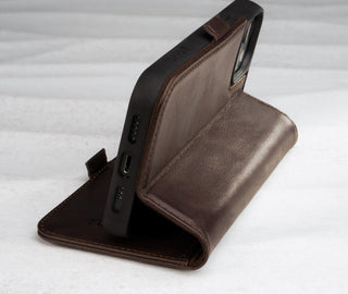 Integrated stand function of the Dark Brown Leather Folio Stand Case for iPhone 14