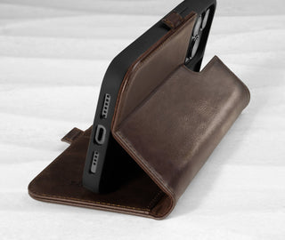 Integrated stand function of the Dark Brown Leather Folio Stand Case for iPhone 14 Pro Max