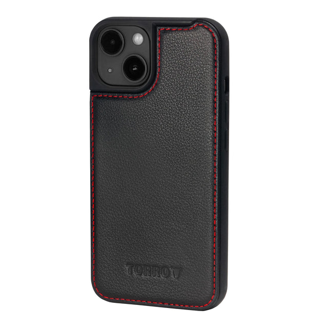 Black with Red Detail Leather Bumper Case for iPhone 15 Plus