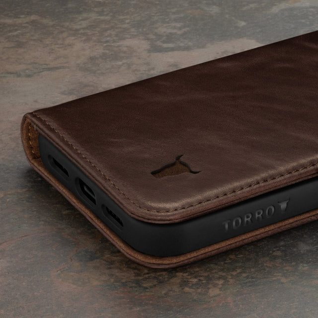 Dark Brown Leather Wallet Case for iPhone 15 Pro
