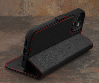 Integrated stand function of the Black with Red Detail Leather Wallet Case for iPhone 15
