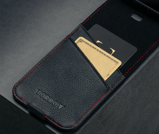 Card slots inside the Black with Red Stitching Leather Flip Case for iPhone 16 Pro Max