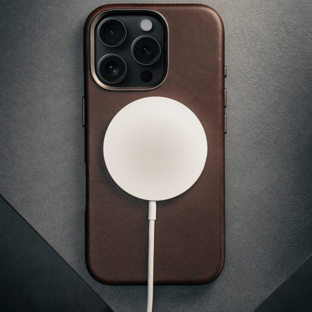 MagSafe charger on the Dark Brown Leather Slimline Bumper Case for iPhone 16 Pro Max