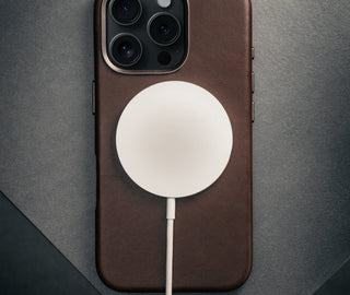 MagSafe charger on the Dark Brown Leather Slimline Bumper Case for iPhone 16 Pro Max