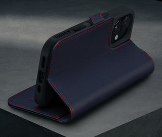 Stand function of the Navy Blue Leather Case for iPhone 16