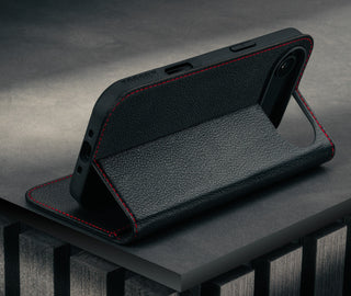 Stand function of the Black (with Red detail) Leather Case for iPhone 17 Air