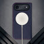 MagSafe charger attached to the Navy Blue Leather Case for iPhone 17 Air