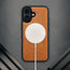 MagSafe charger attached to the Dark Brown Leather Detachable Case for iPhone 17