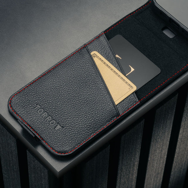 Card holder in the Black with Red Stitching Leather Flip Case for iPhone 17