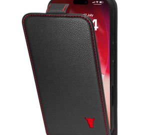 Black with Red Stitching Leather Flip Case for iPhone 17