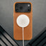 MagSafe charger attached to the Slimline Light Brown / Tan Leather Bumper Case for iPhone 17 Pro