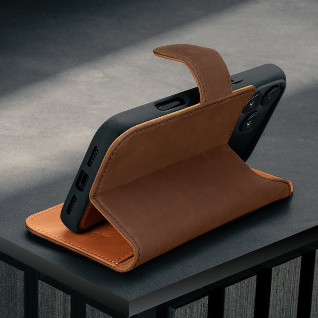 Stand function of the Nubuck Dark Brown Detachable Case for iPhone 17 Pro