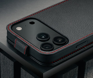 Camera cutout on the Black with Red Stitching Leather Flip Case for iPhone 17 Pro Max