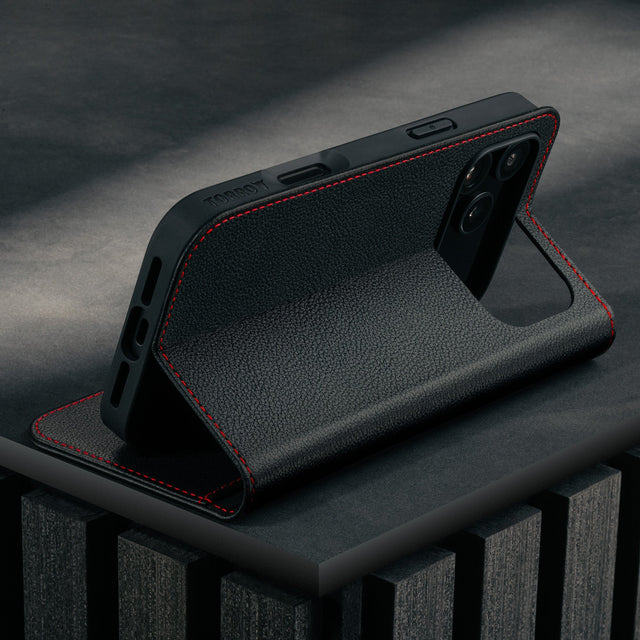 Stand function of the Black Leather Case (with Red Stitching) for iPhone 17 Pro Max