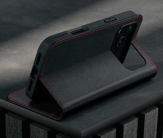 Stand function of the Black Leather Case (with Red Stitching) for iPhone 17 Pro Max