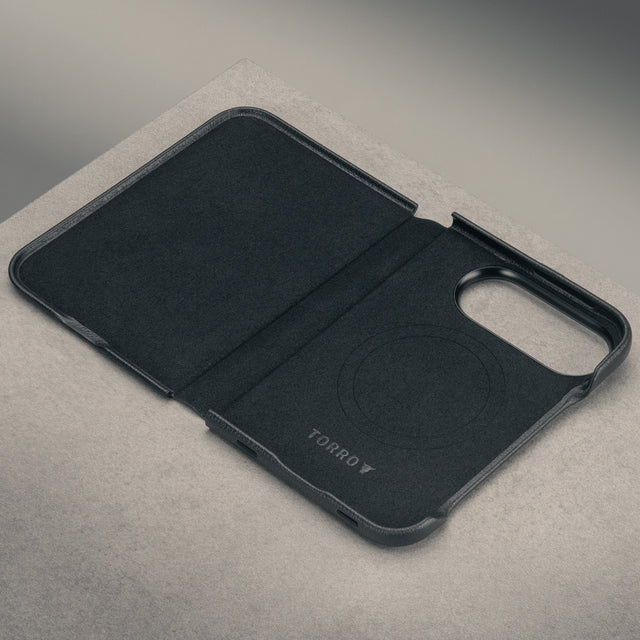 Microfibre lined frame of the Black with Red detail Slim Leather Folio for iPhone Ultra