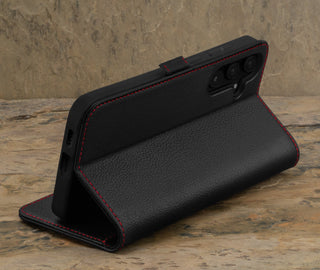 Stand function of the Black with Red Detail Leather Case for Galaxy A35