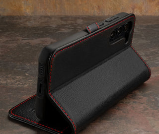 Stand function of the Black with Red Detail Leather Case for Galaxy S23